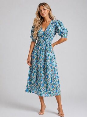 GANNI Pleated Georgette Floral Midi Dress Blue Multi Puff Sleeve Size 38 (M)